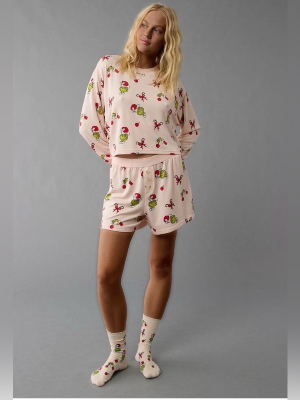 American Eagle Outfitters Pink Grinch Holiday Pajama Set